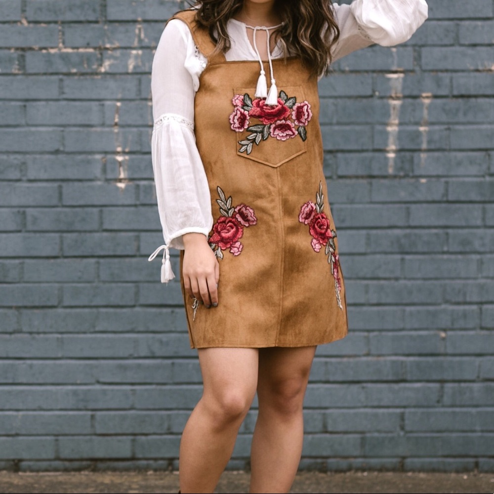 Boohoo Petite Tan Suede Pinafore Dress with Pink Floral Embroidery
